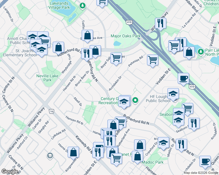 map of restaurants, bars, coffee shops, grocery stores, and more near 459 Archdekin Drive in Brampton