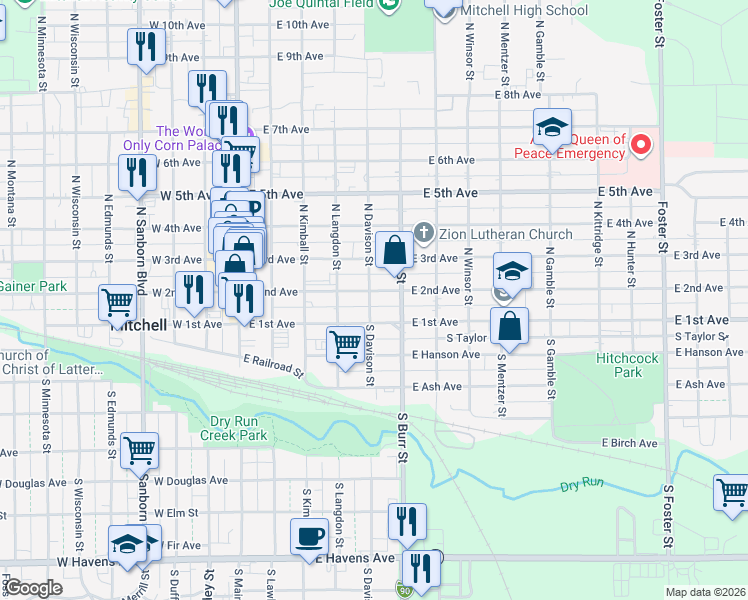 map of restaurants, bars, coffee shops, grocery stores, and more near 105 North Burr Street in Mitchell
