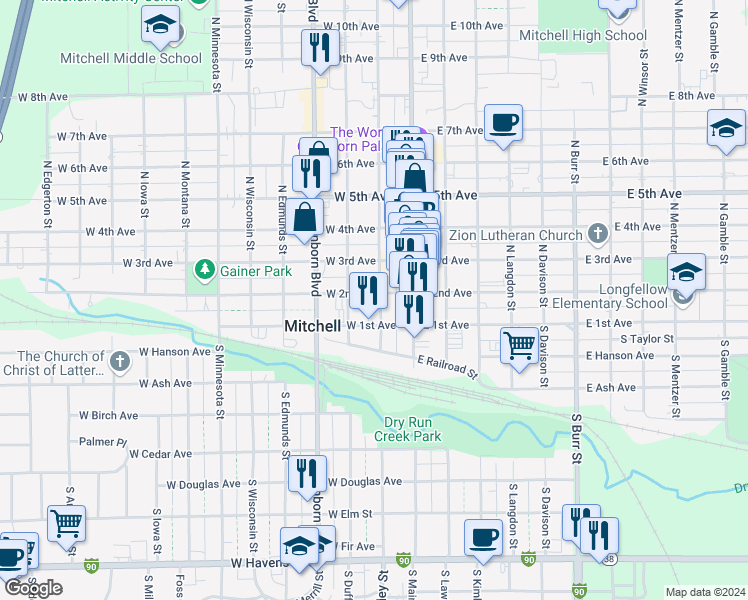 map of restaurants, bars, coffee shops, grocery stores, and more near 201 West 2nd Avenue in Mitchell