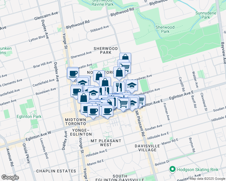 map of restaurants, bars, coffee shops, grocery stores, and more near 195 Redpath Avenue in Toronto