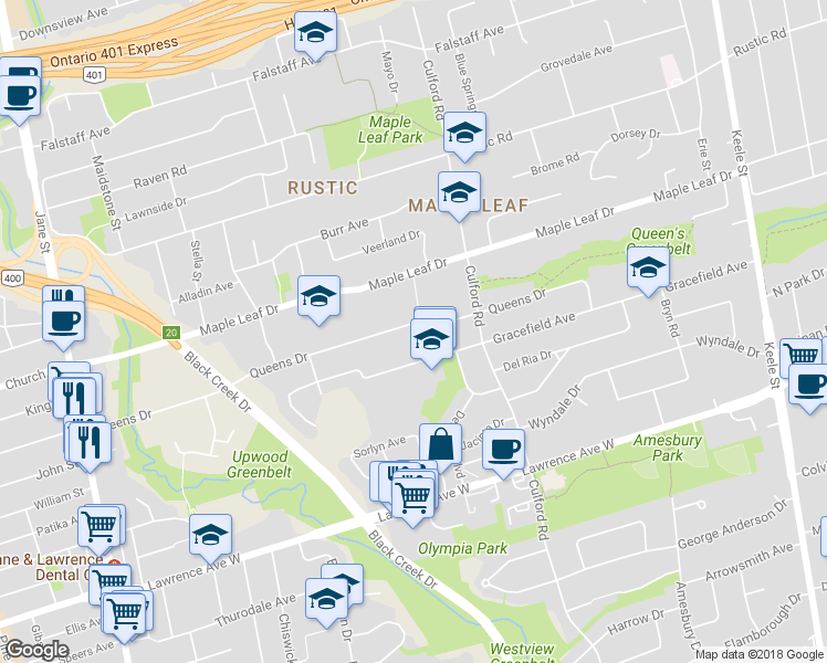 map of restaurants, bars, coffee shops, grocery stores, and more near 543 Queens Drive in Toronto