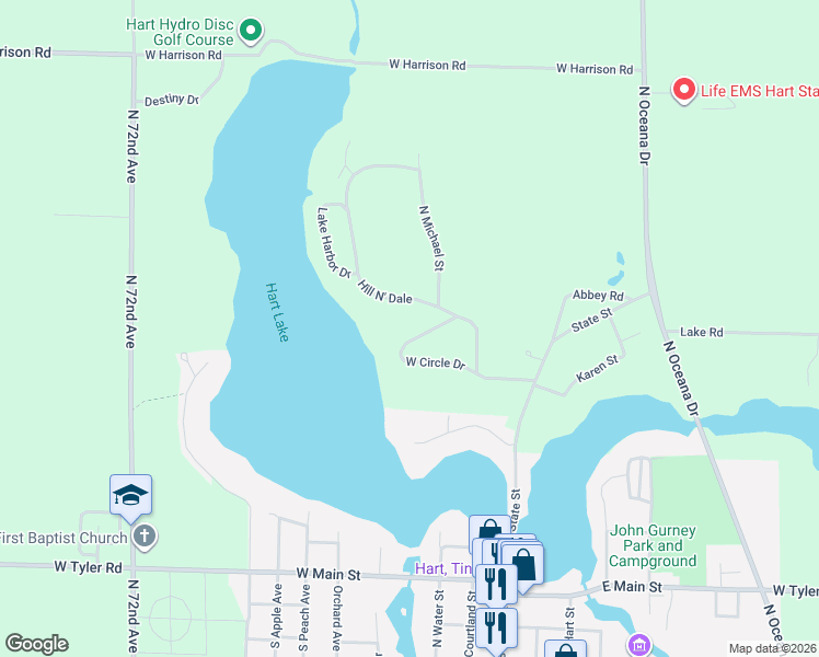 map of restaurants, bars, coffee shops, grocery stores, and more near 3501 West Circle Drive in Hart