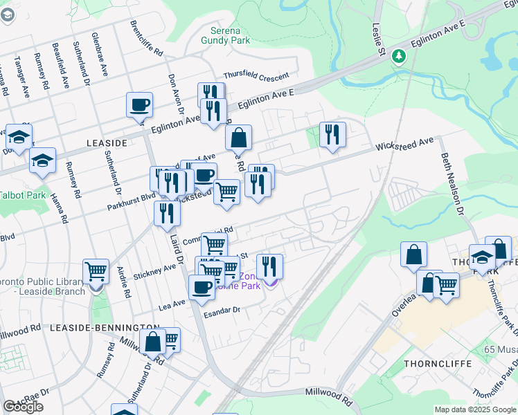 map of restaurants, bars, coffee shops, grocery stores, and more near 101 Wicksteed Avenue in Toronto