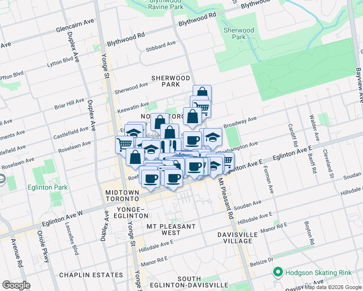 map of restaurants, bars, coffee shops, grocery stores, and more near 195 Redpath Avenue in Toronto