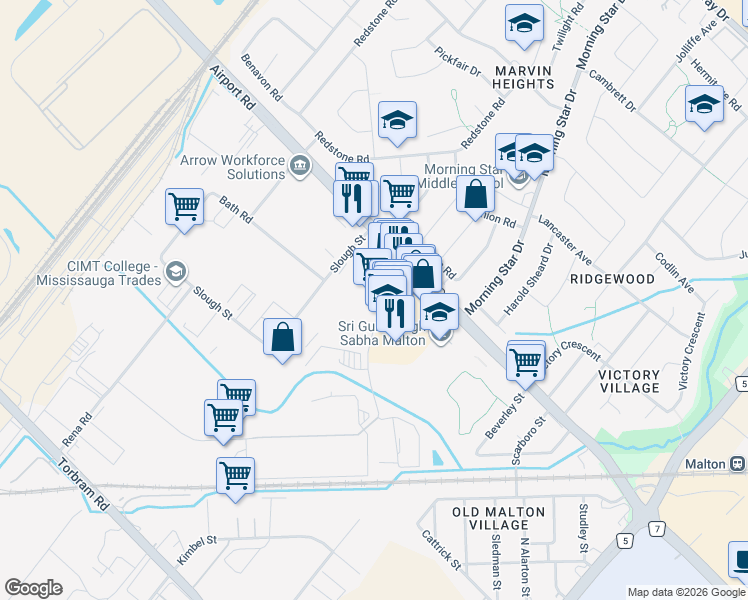 map of restaurants, bars, coffee shops, grocery stores, and more near 2975 Drew Road in Mississauga