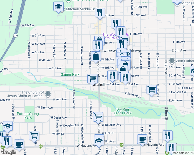 map of restaurants, bars, coffee shops, grocery stores, and more near 423 West 2nd Avenue in Mitchell