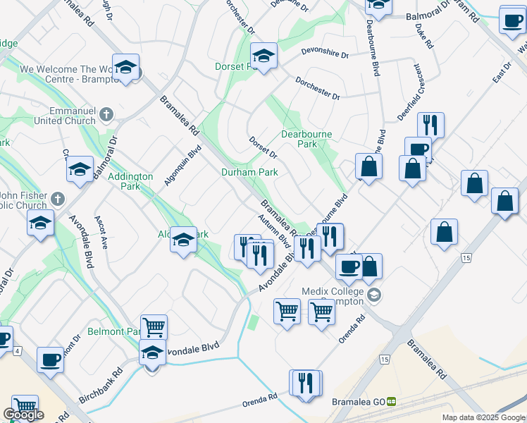 map of restaurants, bars, coffee shops, grocery stores, and more near 31 Autumn Boulevard in Brampton