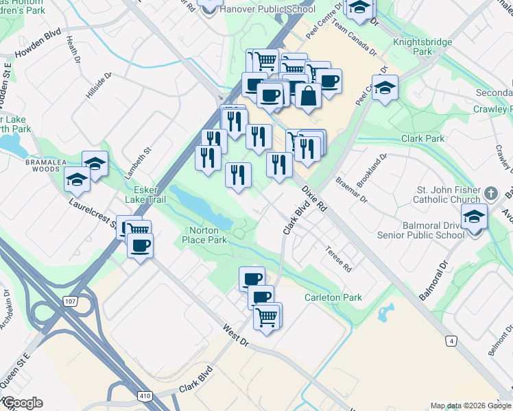 map of restaurants, bars, coffee shops, grocery stores, and more near 8 Lisa Street in Brampton