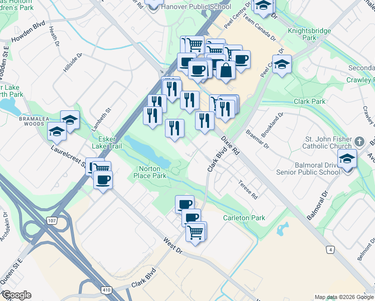 map of restaurants, bars, coffee shops, grocery stores, and more near 8 Lisa Street in Brampton