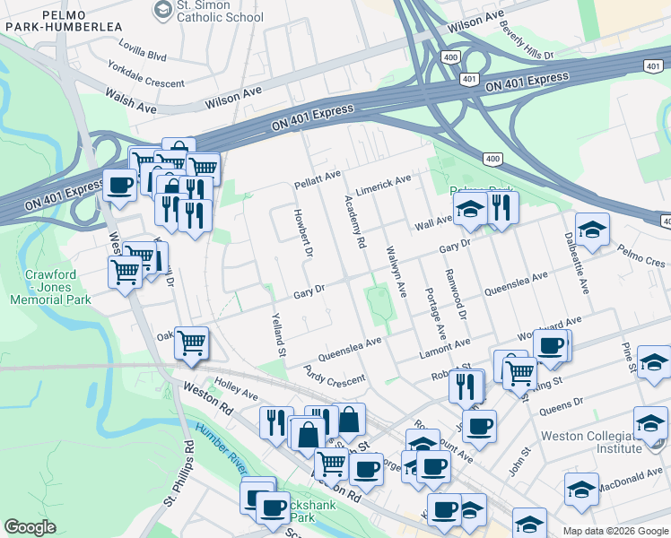 map of restaurants, bars, coffee shops, grocery stores, and more near 56 Wendell Avenue in Toronto