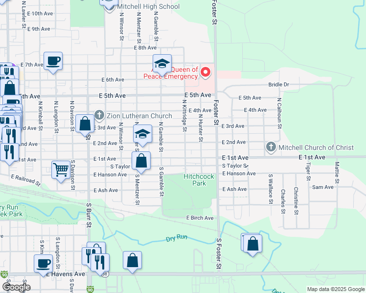 map of restaurants, bars, coffee shops, grocery stores, and more near 110 North Kittridge Street in Mitchell