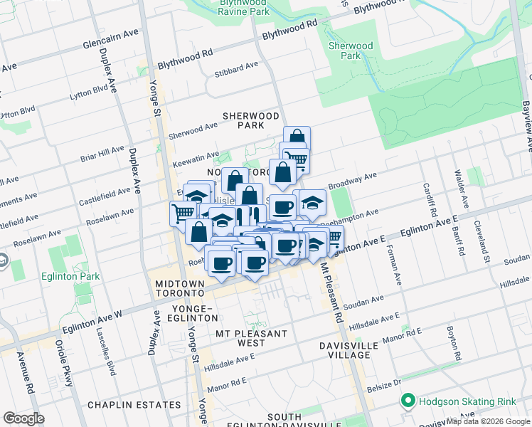 map of restaurants, bars, coffee shops, grocery stores, and more near 195 Redpath Avenue in Toronto