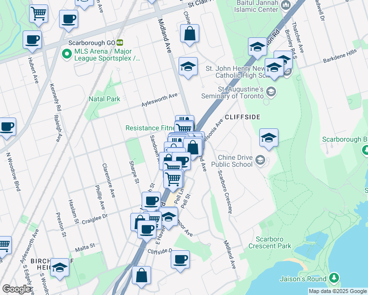 map of restaurants, bars, coffee shops, grocery stores, and more near 2490A Kingston Road in Toronto