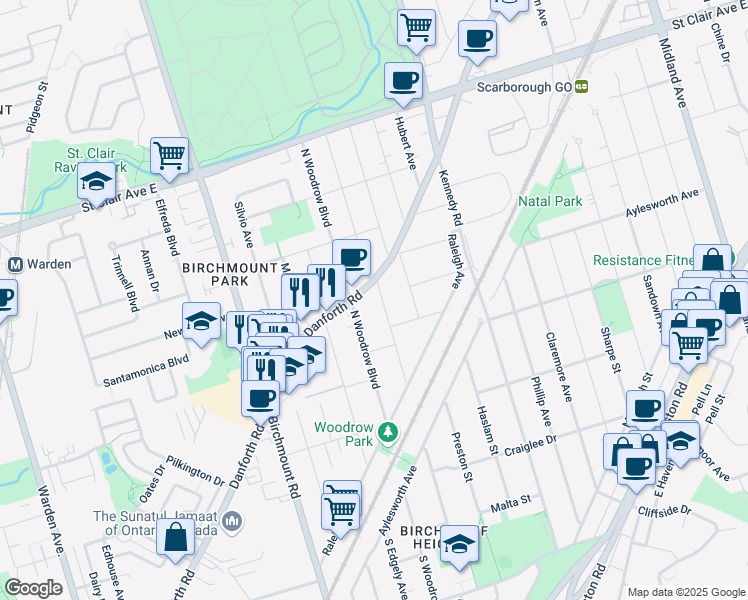 map of restaurants, bars, coffee shops, grocery stores, and more near in Toronto