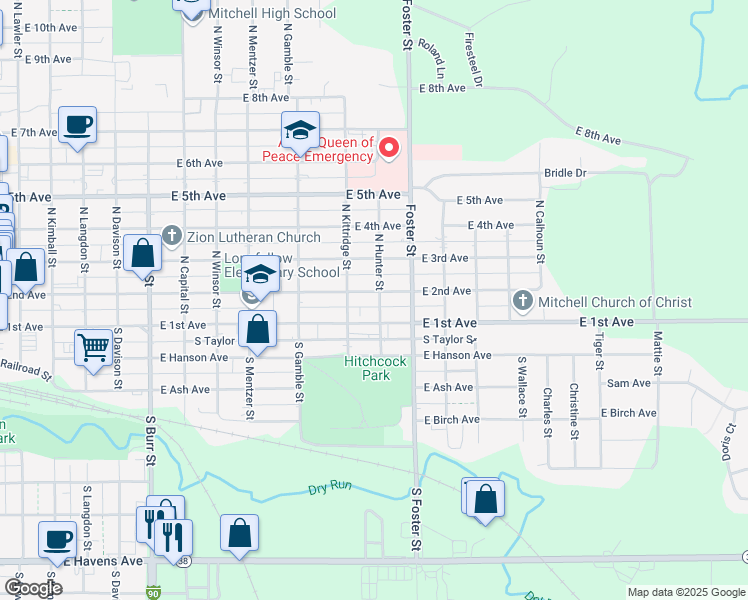 map of restaurants, bars, coffee shops, grocery stores, and more near 108 North Hunter Street in Mitchell