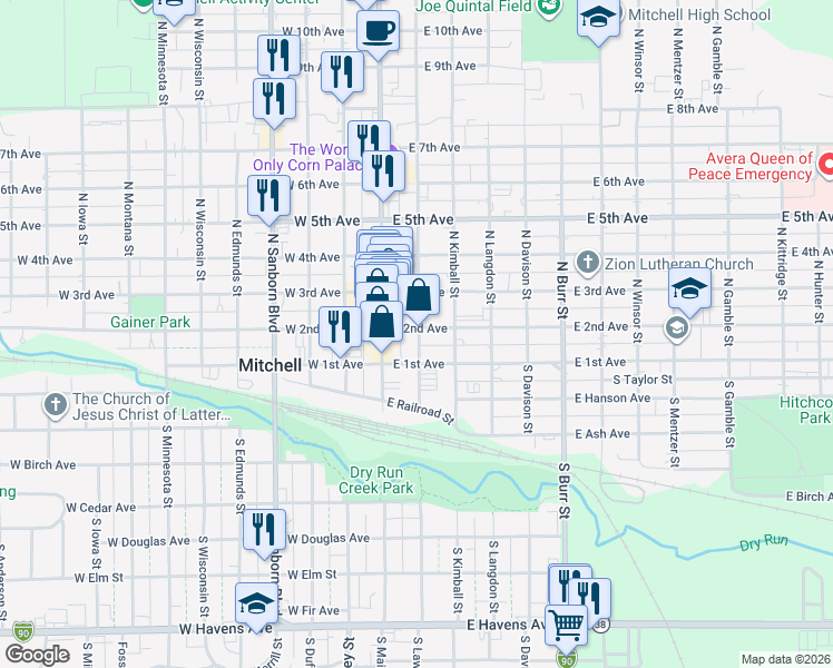 map of restaurants, bars, coffee shops, grocery stores, and more near 218 East 1st Avenue in Mitchell