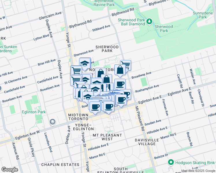 map of restaurants, bars, coffee shops, grocery stores, and more near in Toronto