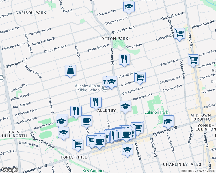 map of restaurants, bars, coffee shops, grocery stores, and more near 382 Saint Clements Avenue in Toronto
