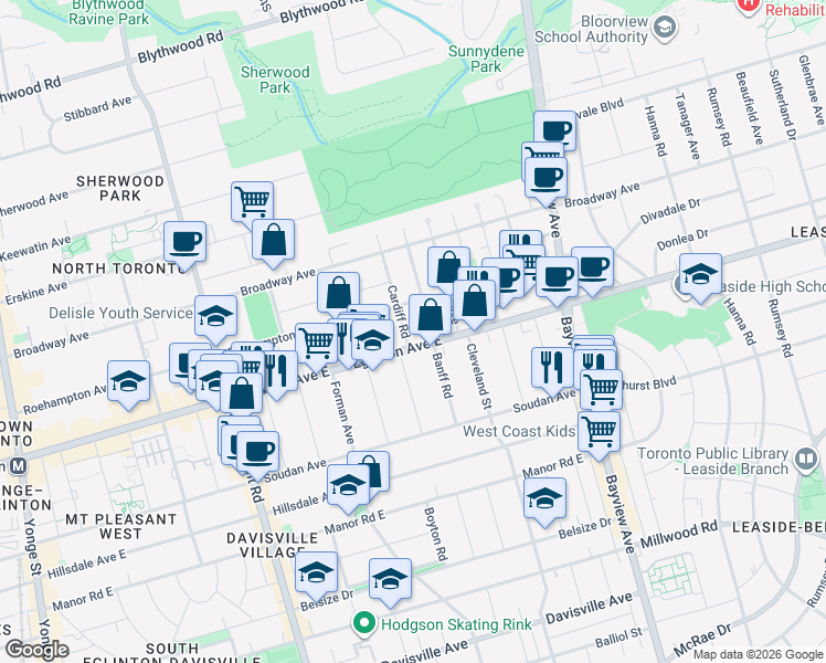 map of restaurants, bars, coffee shops, grocery stores, and more near 3 Cardiff Road in Toronto
