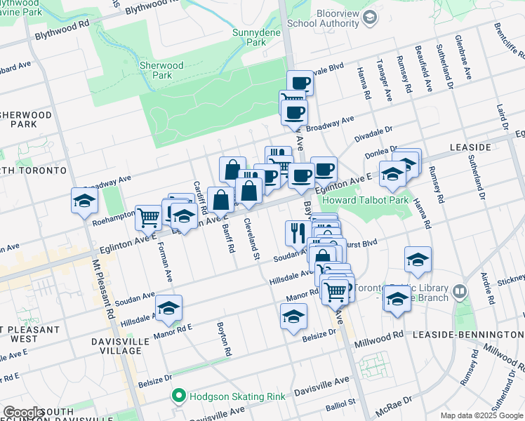 map of restaurants, bars, coffee shops, grocery stores, and more near 525 Eglinton Avenue East in Toronto