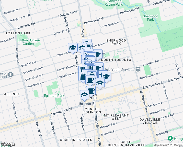 map of restaurants, bars, coffee shops, grocery stores, and more near 2409 Yonge Street in Toronto