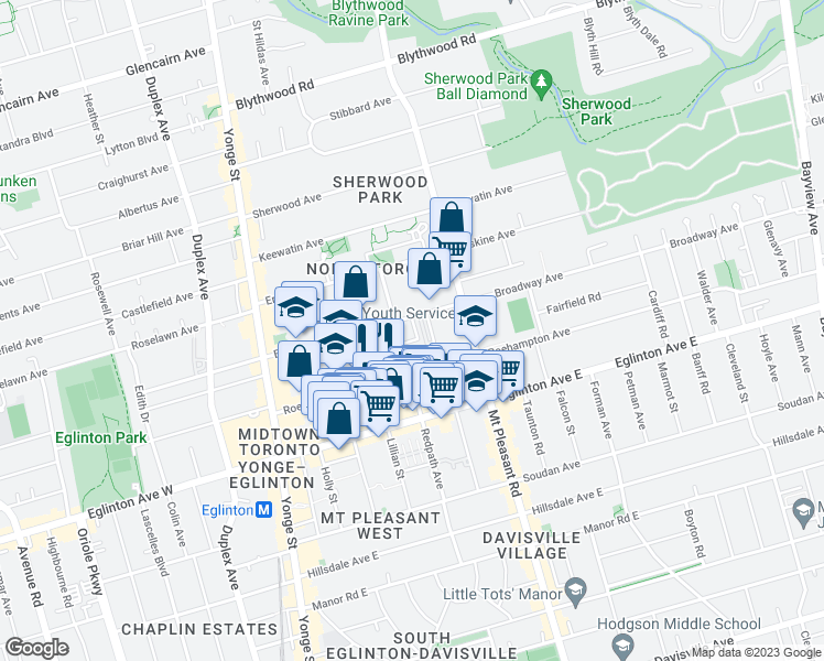 map of restaurants, bars, coffee shops, grocery stores, and more near in Toronto