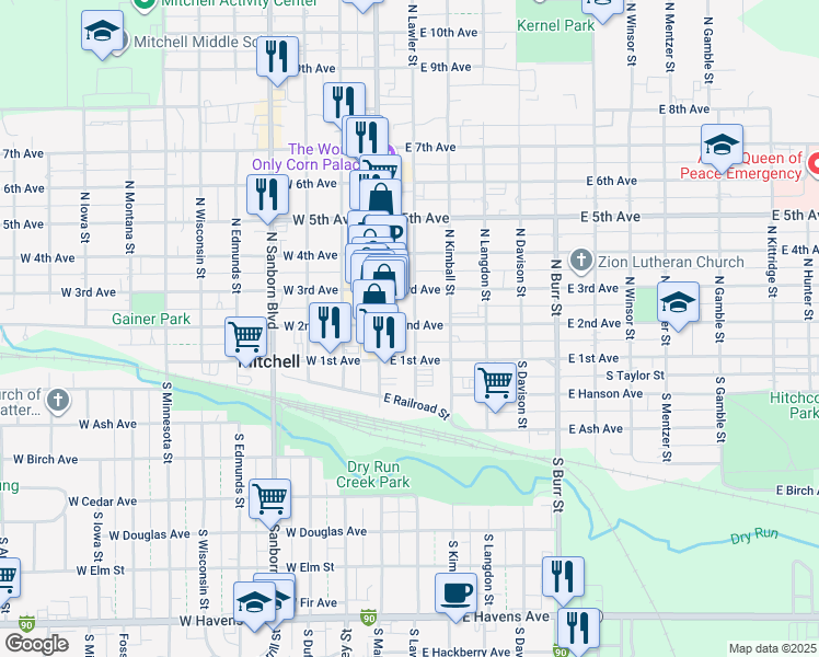 map of restaurants, bars, coffee shops, grocery stores, and more near 133 East 2nd Avenue in Mitchell