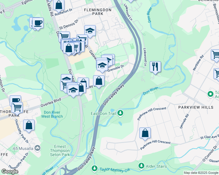 map of restaurants, bars, coffee shops, grocery stores, and more near 35 Sunny Glenway in Toronto