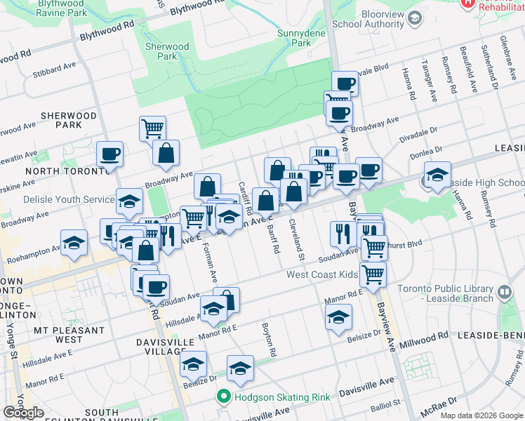 map of restaurants, bars, coffee shops, grocery stores, and more near 110 Banff Road in Toronto