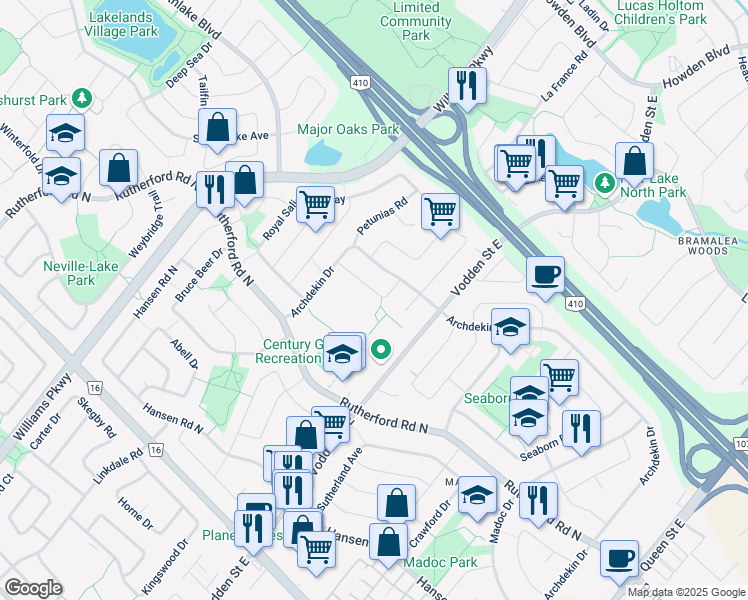map of restaurants, bars, coffee shops, grocery stores, and more near 28 Fallway Road in Brampton