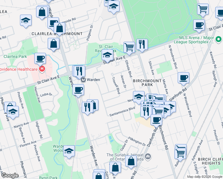 map of restaurants, bars, coffee shops, grocery stores, and more near 28 Chesapeake Avenue in Toronto