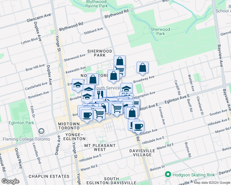 map of restaurants, bars, coffee shops, grocery stores, and more near in Toronto