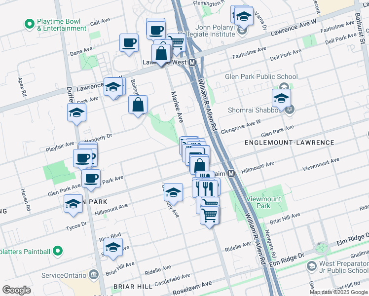 map of restaurants, bars, coffee shops, grocery stores, and more near 230 Glen Park Avenue in Toronto