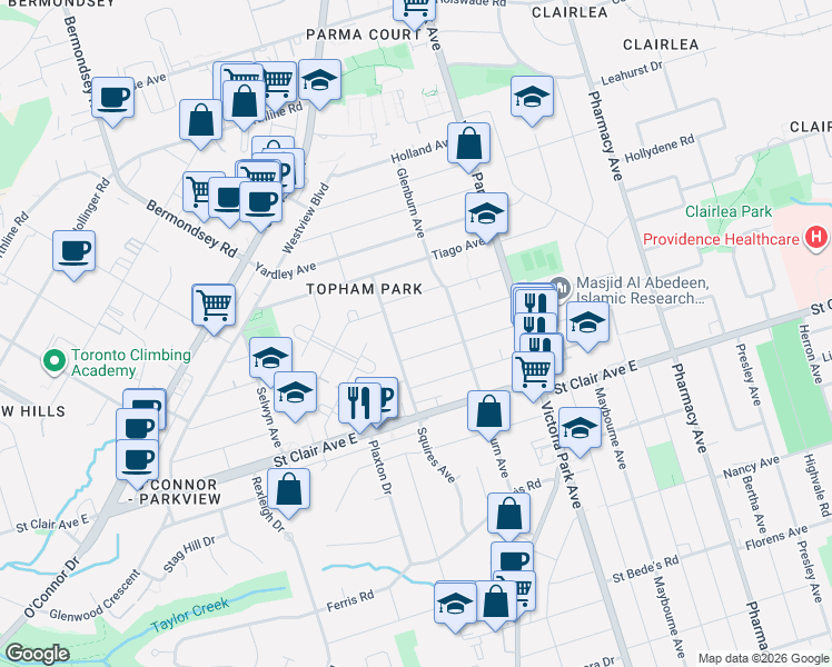 map of restaurants, bars, coffee shops, grocery stores, and more near 5A Adair Road in Toronto