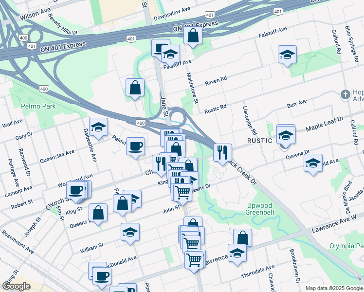 map of restaurants, bars, coffee shops, grocery stores, and more near 1901 Jane Street in Toronto