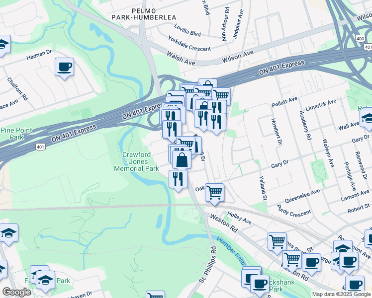 map of restaurants, bars, coffee shops, grocery stores, and more near 2549 Weston Road in Toronto