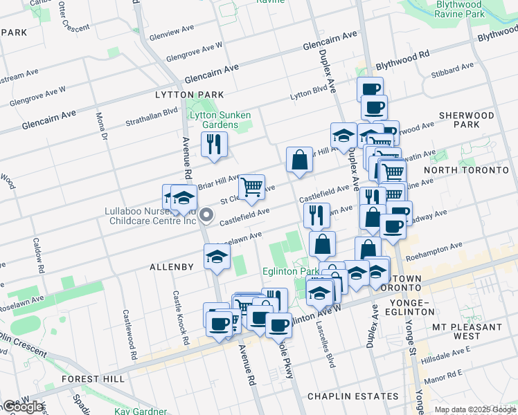 map of restaurants, bars, coffee shops, grocery stores, and more near 162 Castlefield Avenue in Toronto