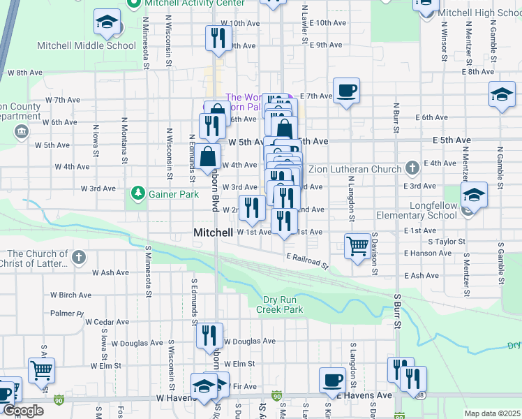map of restaurants, bars, coffee shops, grocery stores, and more near 201 West 2nd Avenue in Mitchell