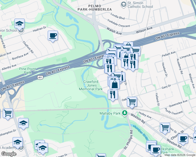 map of restaurants, bars, coffee shops, grocery stores, and more near 37 Dee Avenue in Toronto