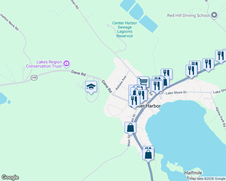 map of restaurants, bars, coffee shops, grocery stores, and more near 4 Kelsea Avenue in Center Harbor