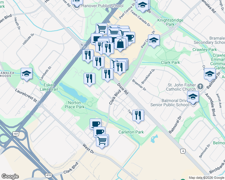 map of restaurants, bars, coffee shops, grocery stores, and more near 3 Lisa Street in Brampton