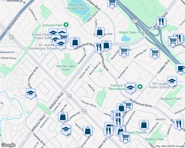 map of restaurants, bars, coffee shops, grocery stores, and more near 70 Bruce Beer Drive in Brampton