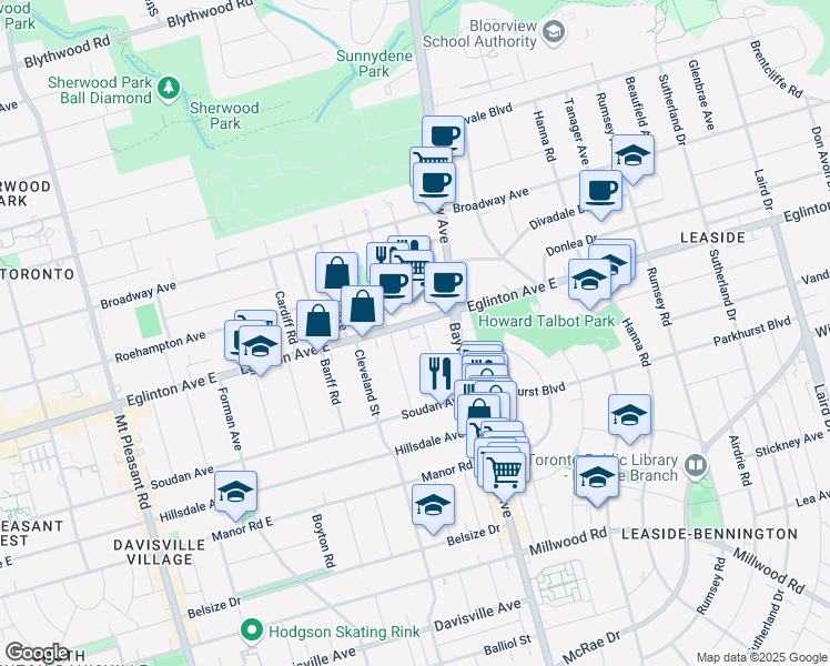 map of restaurants, bars, coffee shops, grocery stores, and more near 551 Eglinton Avenue East in Toronto