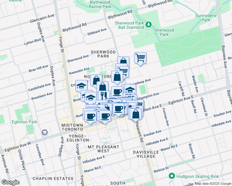 map of restaurants, bars, coffee shops, grocery stores, and more near in Toronto