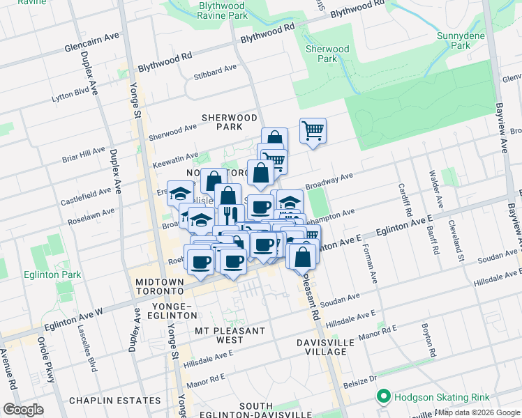 map of restaurants, bars, coffee shops, grocery stores, and more near 117 Broadway Avenue in Toronto