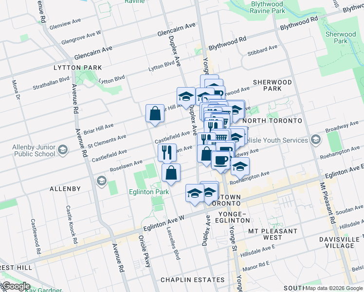 map of restaurants, bars, coffee shops, grocery stores, and more near 90 Roselawn Avenue in Toronto