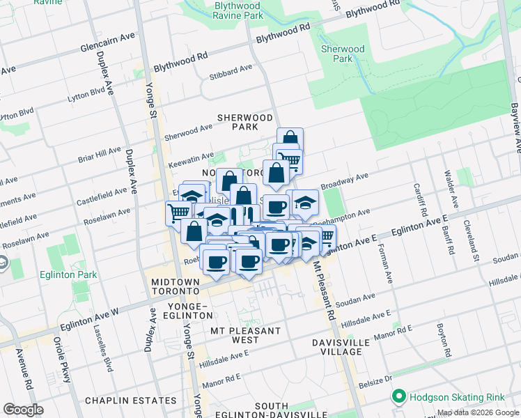 map of restaurants, bars, coffee shops, grocery stores, and more near 95 Broadway Avenue in Toronto