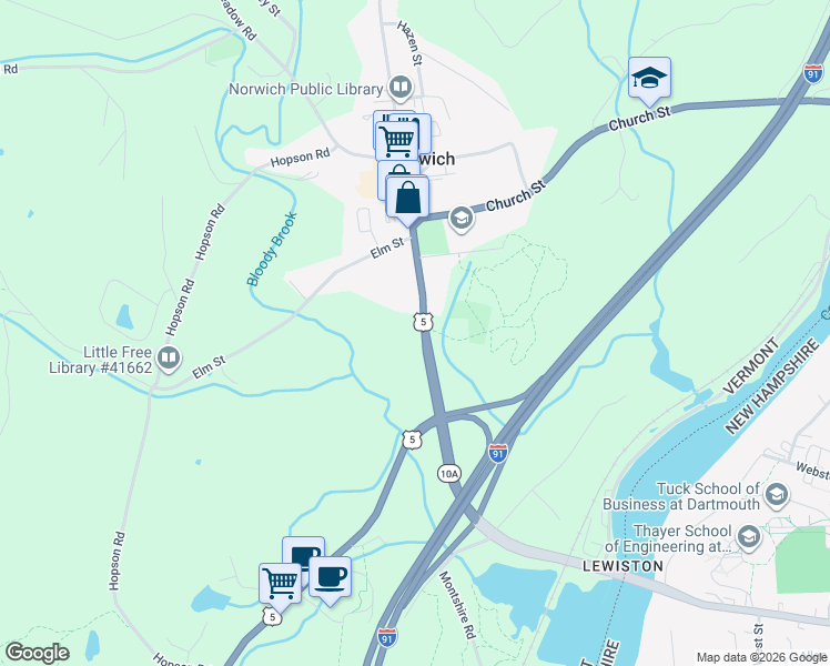 map of restaurants, bars, coffee shops, grocery stores, and more near 235 Main Street in Norwich