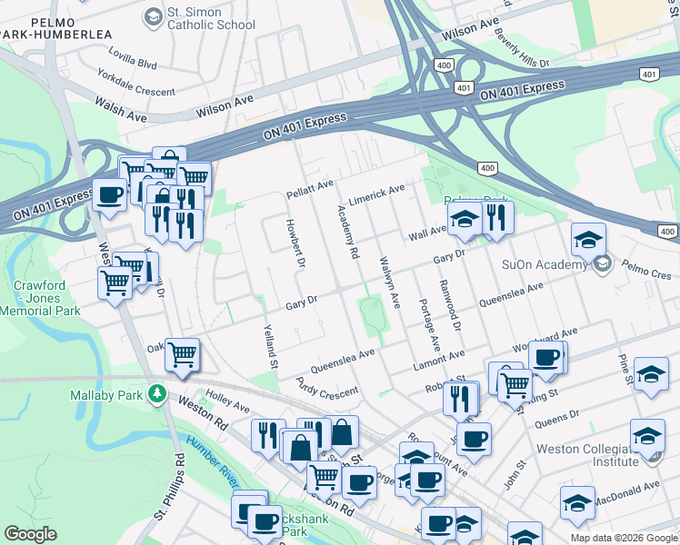 map of restaurants, bars, coffee shops, grocery stores, and more near in Toronto