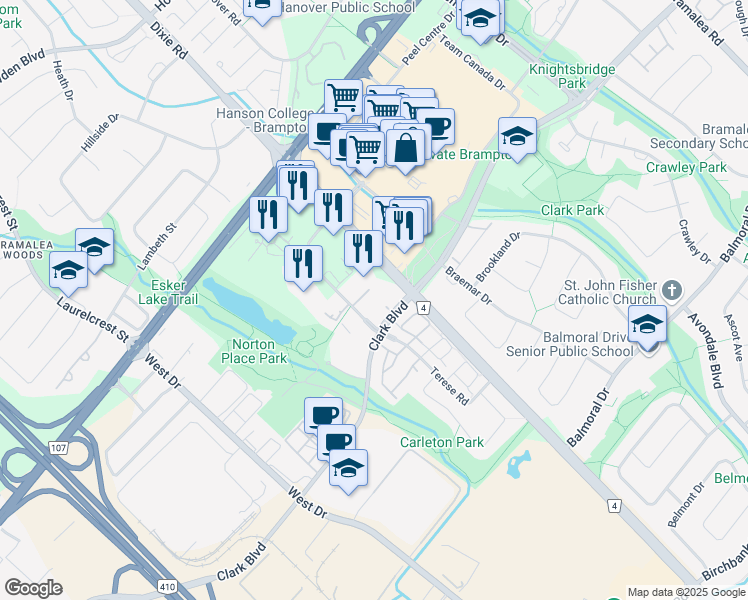 map of restaurants, bars, coffee shops, grocery stores, and more near 4 Lisa Street in Brampton